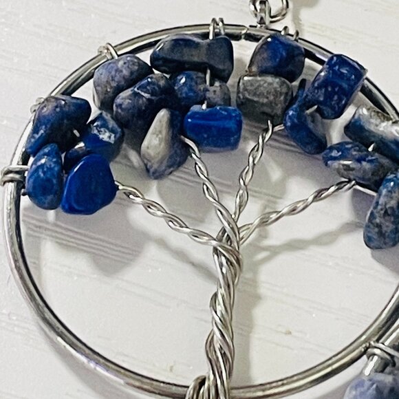 Tree of Life Wire Wrapped Earrings - Blue and White Stone Boho Dangles - Picture 3 of 3